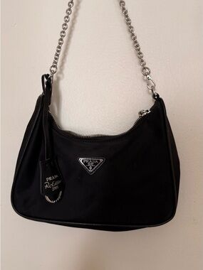 Prada Black Nylon Shoulder Bag with Silver Chain Strap